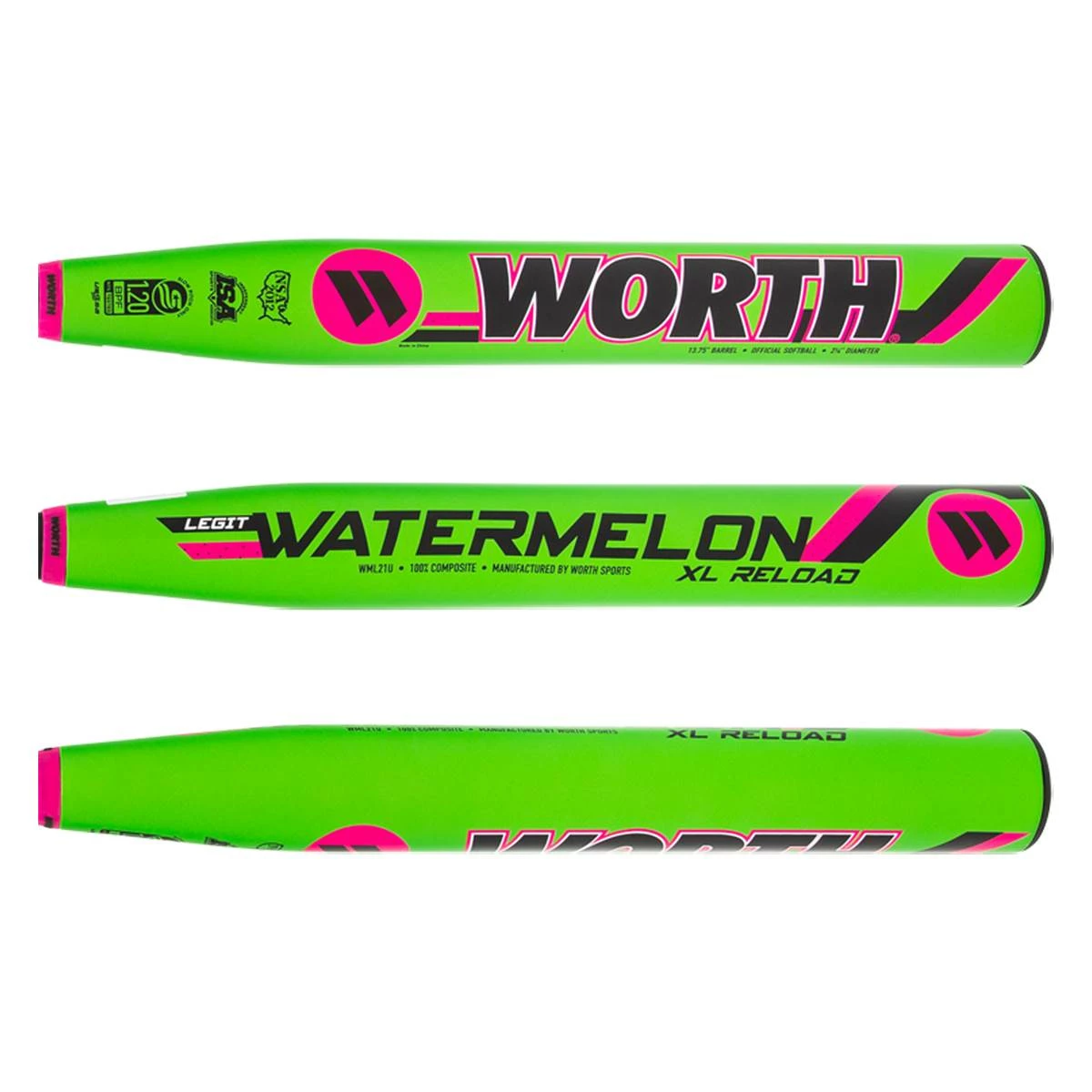 Worth Legit Watermelon 13.75" XL USSSA 240 Slow Pitch Softball Bat: WML21U Black, Green, Pink Add Happy Atmosphere To Your Festival BaseBall Bat Gear Shop